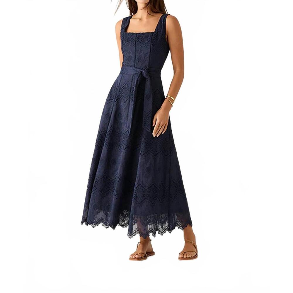 NEW MOS THE LABEL mariana embroidery midi dress in navy